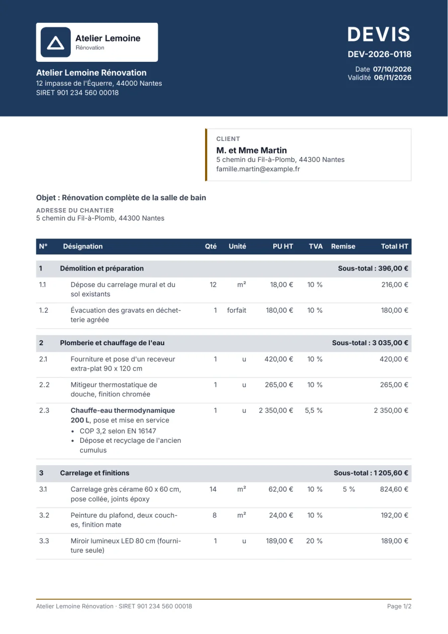 Page 1 d'un devis Artinova au modèle Bandeau : bandeau bleu marine en haut avec le logo, le titre DEVIS et le numéro, puis le client, l'objet et les lignes par lot.