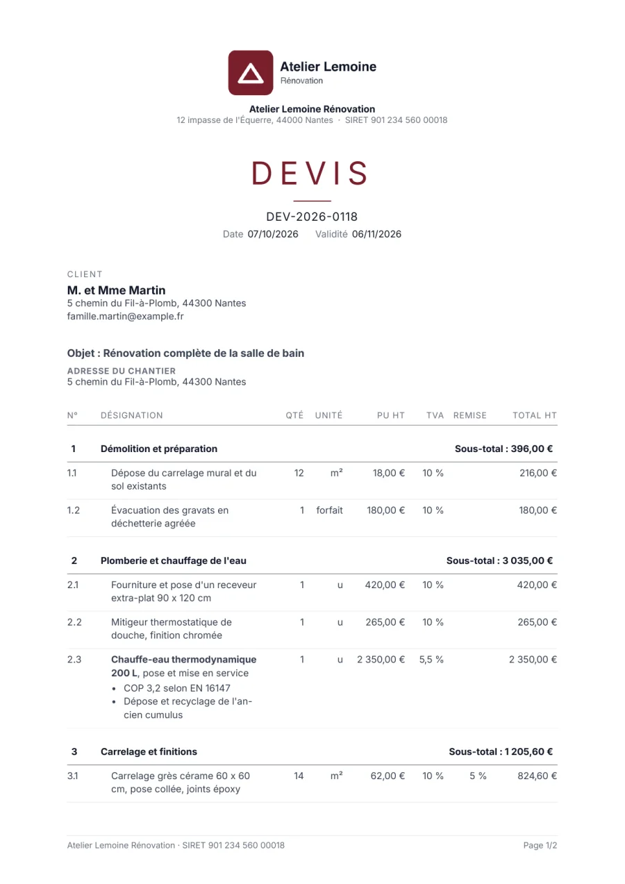 Page 1 d'un devis Artinova au modèle Épuré : logo centré, titre DEVIS en bordeaux, filets fins, sans aplat de couleur.