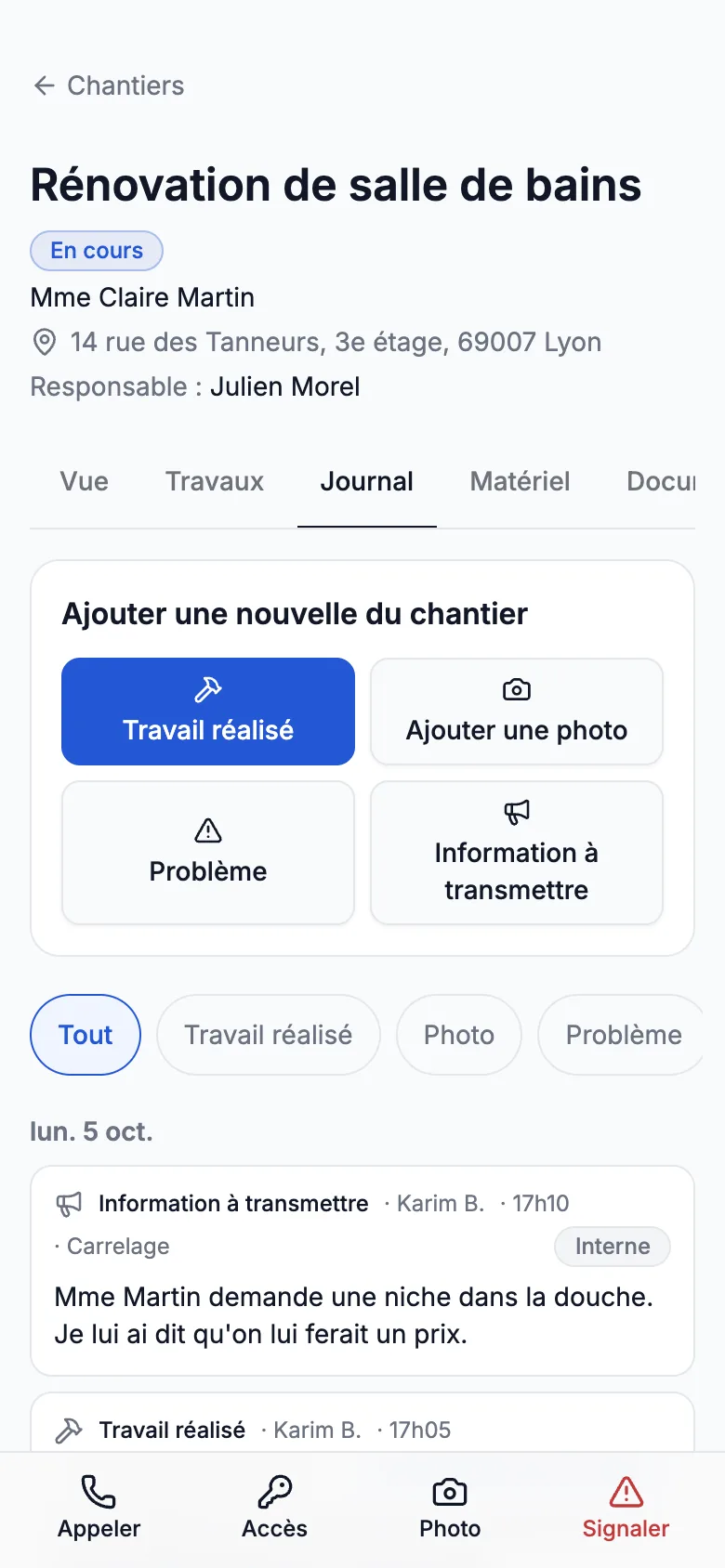 Journal du chantier sur téléphone.