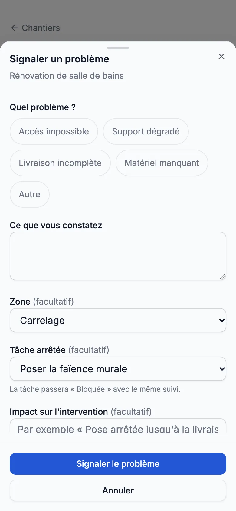 Signaler un problème sur téléphone : type de problème, constat, zone et tâche arrêtée.