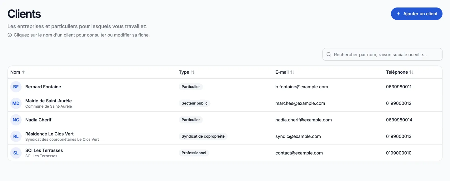 Fiches clients dans Artinova, créées notamment depuis les demandes du site internet.