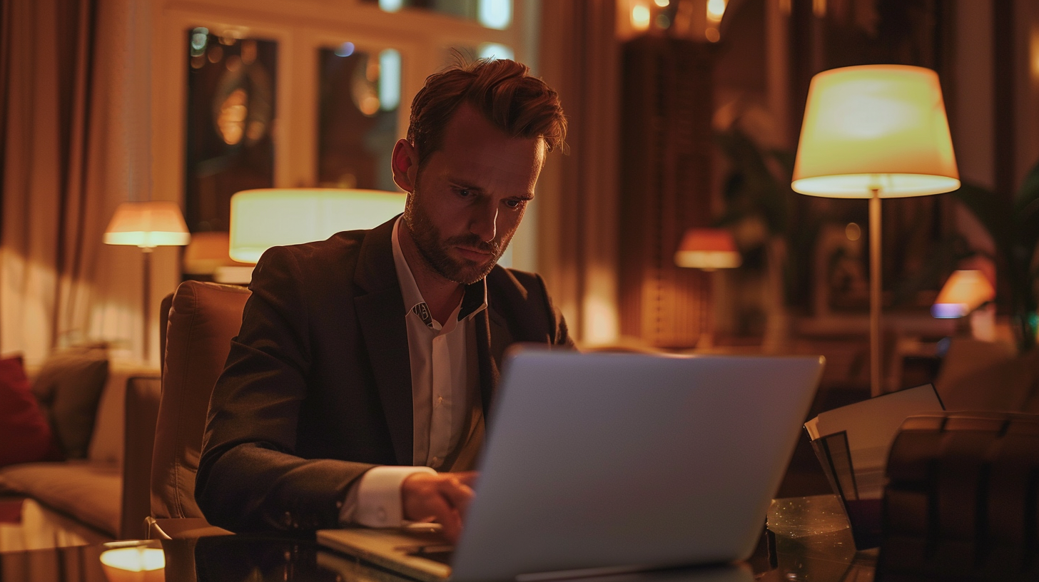 directeur hôtel analyse ses réservations sur ordinateur